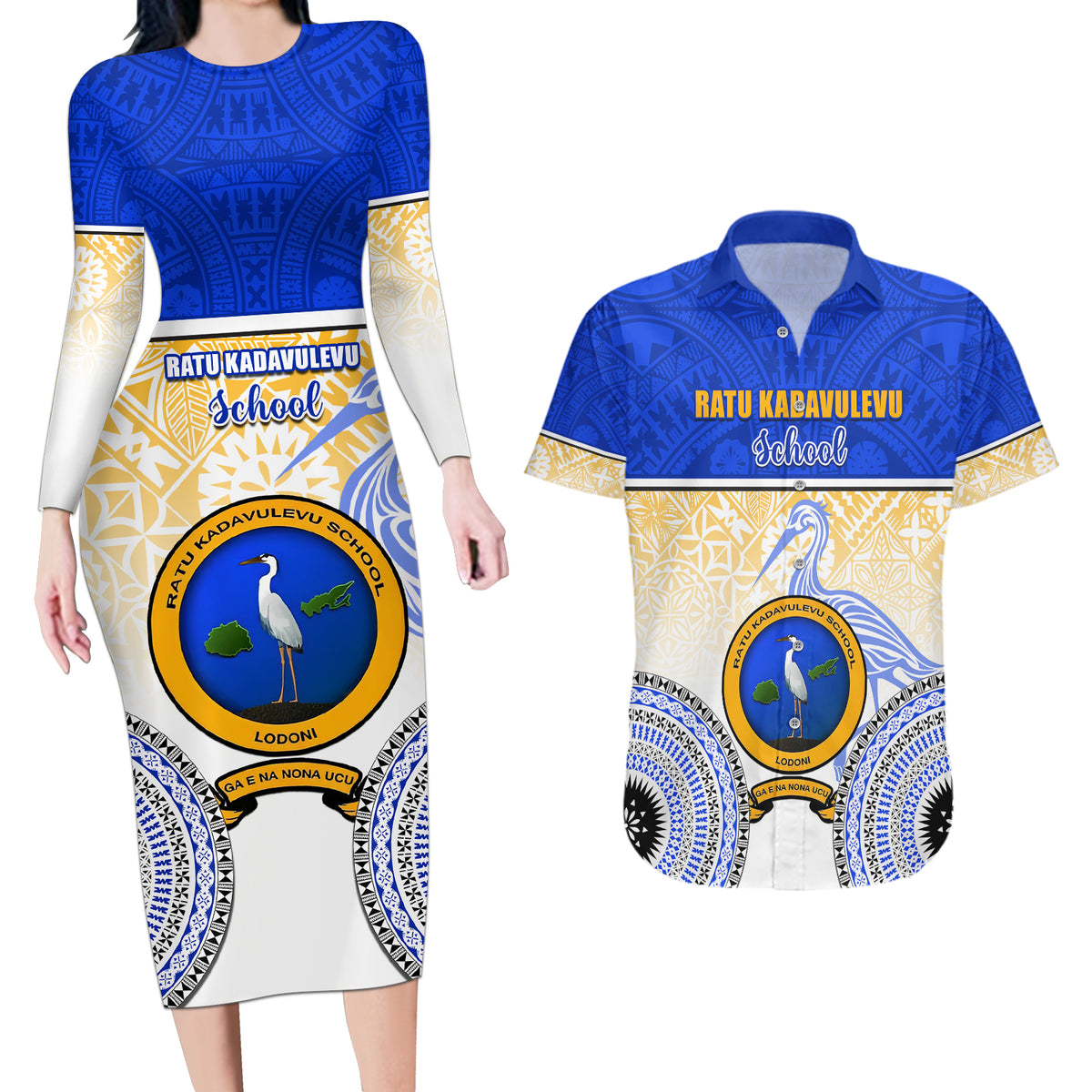 Personalized Ratu Kadavulevu School Couples Matching Long Sleeve Bodycon Dress and Hawaiian Shirt With Fijian Tapa Pattern LT05 Blue - Polynesian Pride