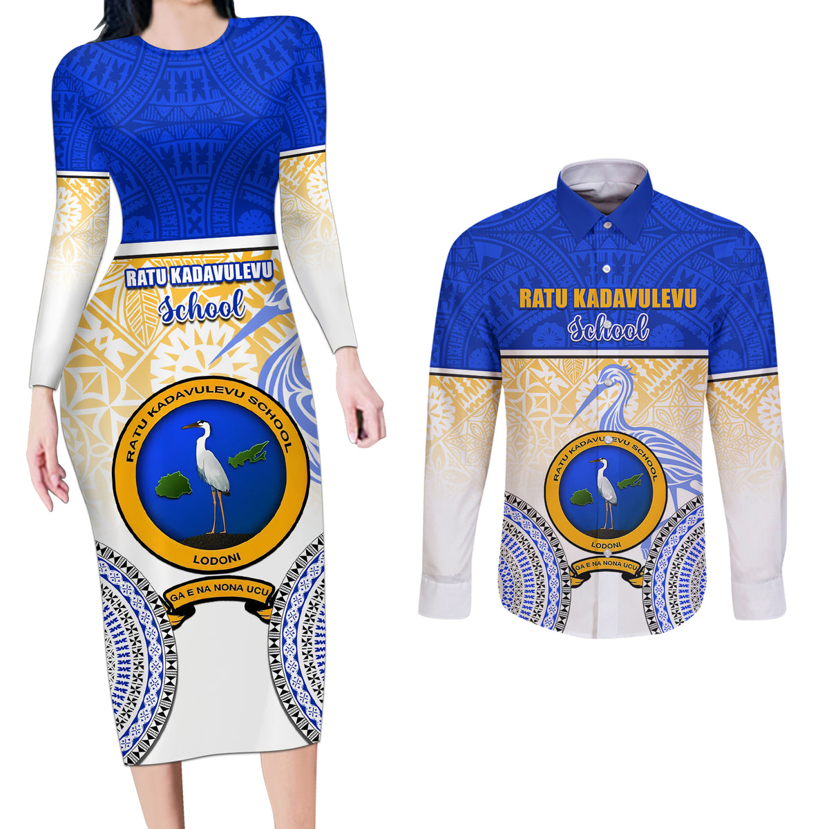 Personalized Ratu Kadavulevu School Couples Matching Long Sleeve Bodycon Dress and Long Sleeve Button Shirts With Fijian Tapa Pattern LT05 Blue - Polynesian Pride