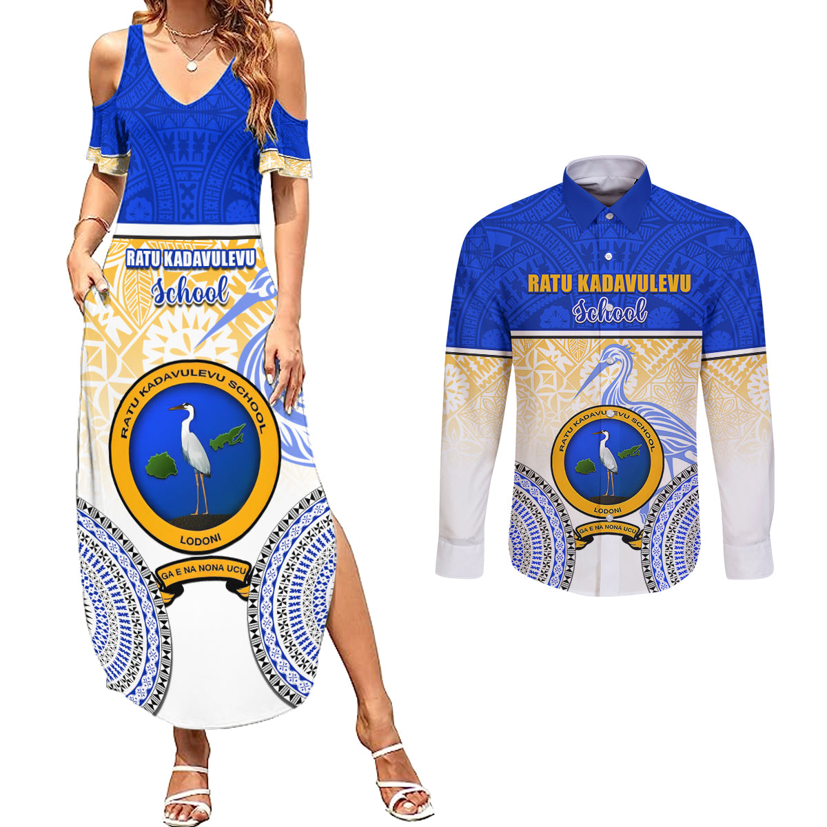 Personalized Ratu Kadavulevu School Couples Matching Summer Maxi Dress and Long Sleeve Button Shirts With Fijian Tapa Pattern LT05 Blue - Polynesian Pride