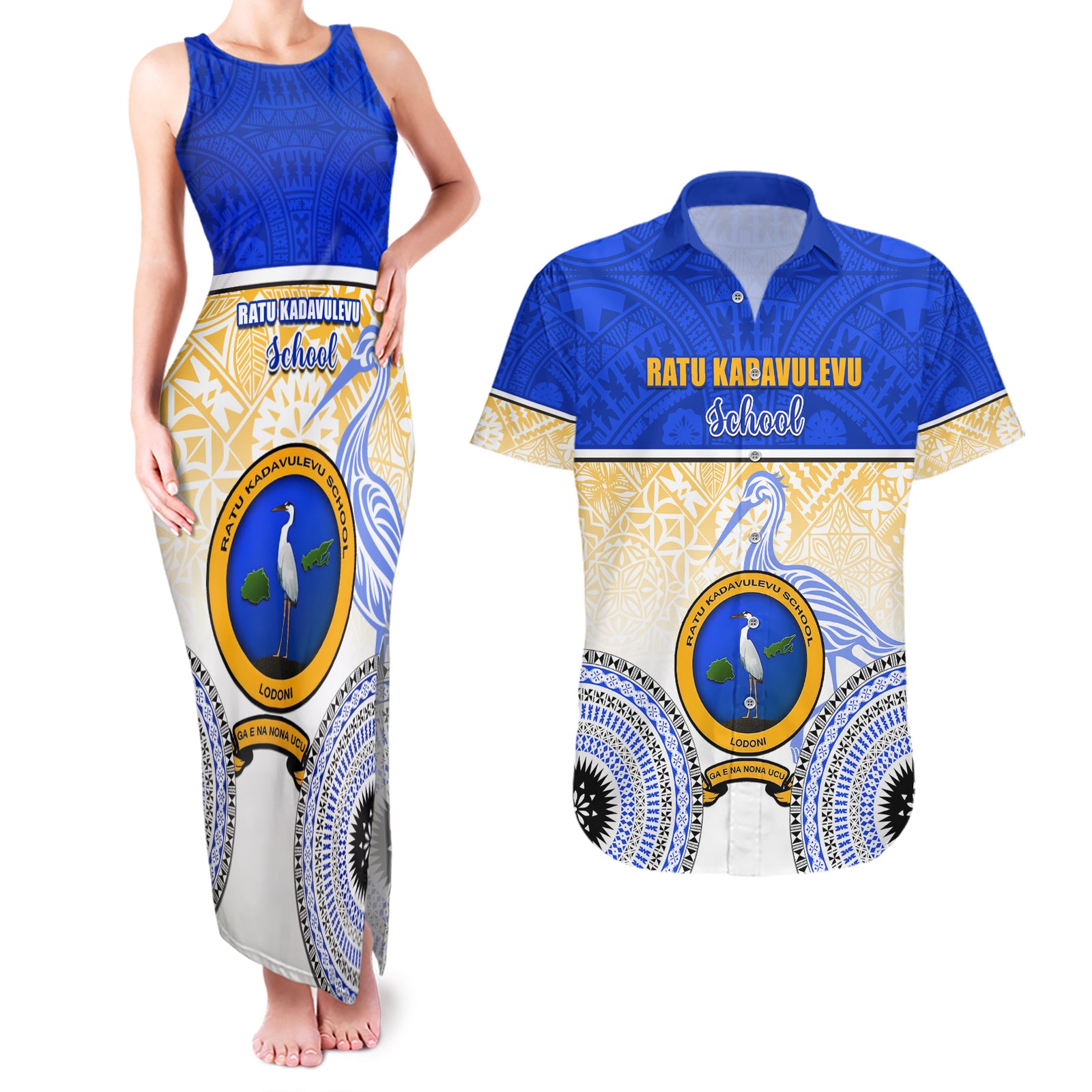 Personalized Ratu Kadavulevu School Couples Matching Tank Maxi Dress and Hawaiian Shirt With Fijian Tapa Pattern LT05 Blue - Polynesian Pride