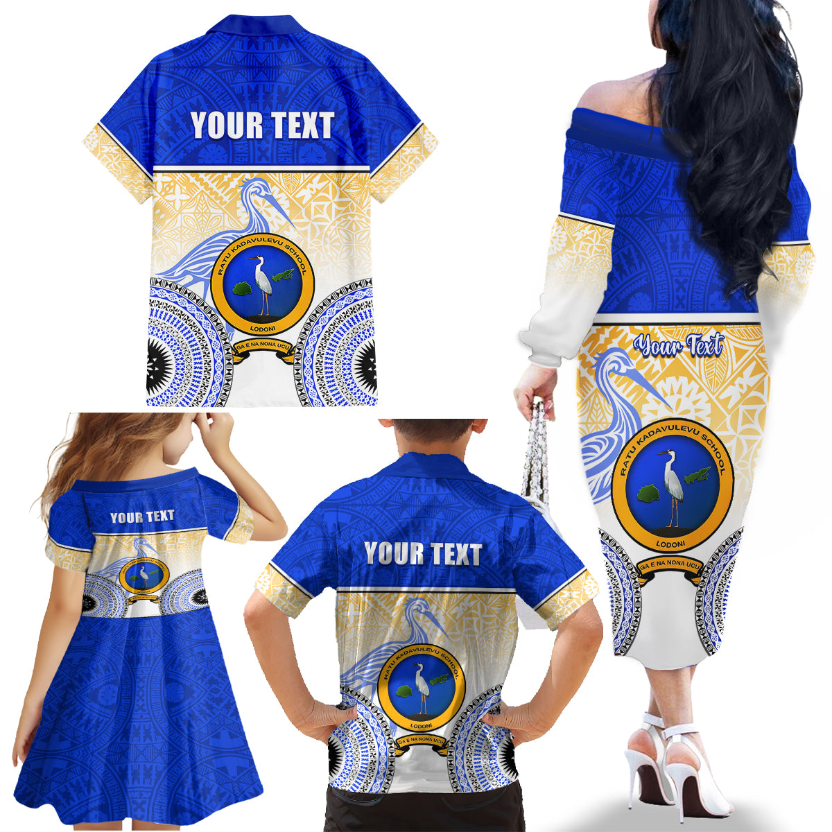 Personalized Ratu Kadavulevu School Family Matching Off Shoulder Long Sleeve Dress and Hawaiian Shirt With Fijian Tapa Pattern LT05 - Polynesian Pride