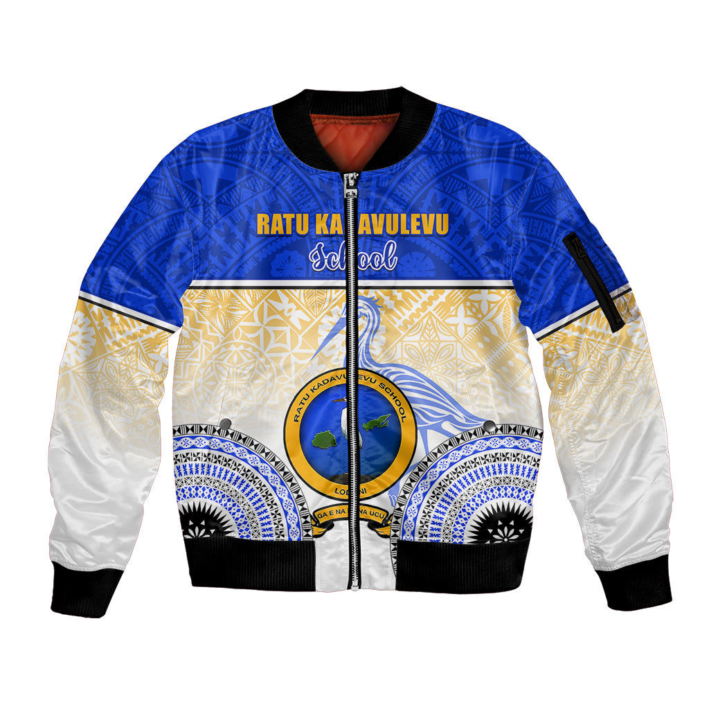 Personalized Ratu Kadavulevu School Sleeve Zip Bomber Jacket With Fijian Tapa Pattern LT05 Unisex Blue - Polynesian Pride