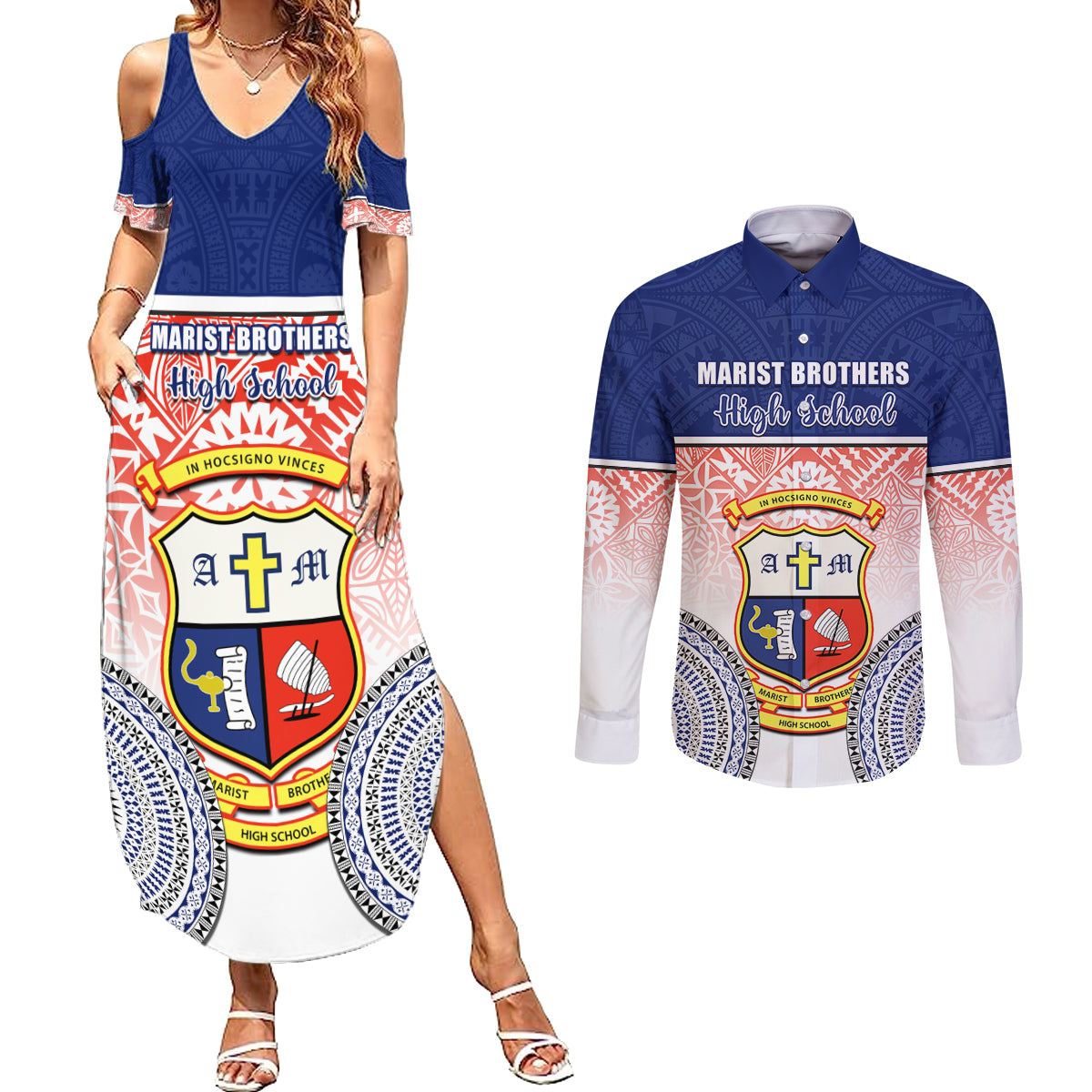 personalized-marist-brothers-high-school-couples-matching-summer-maxi-dress-and-long-sleeve-button-shirts-with-fijian-tapa-pattern