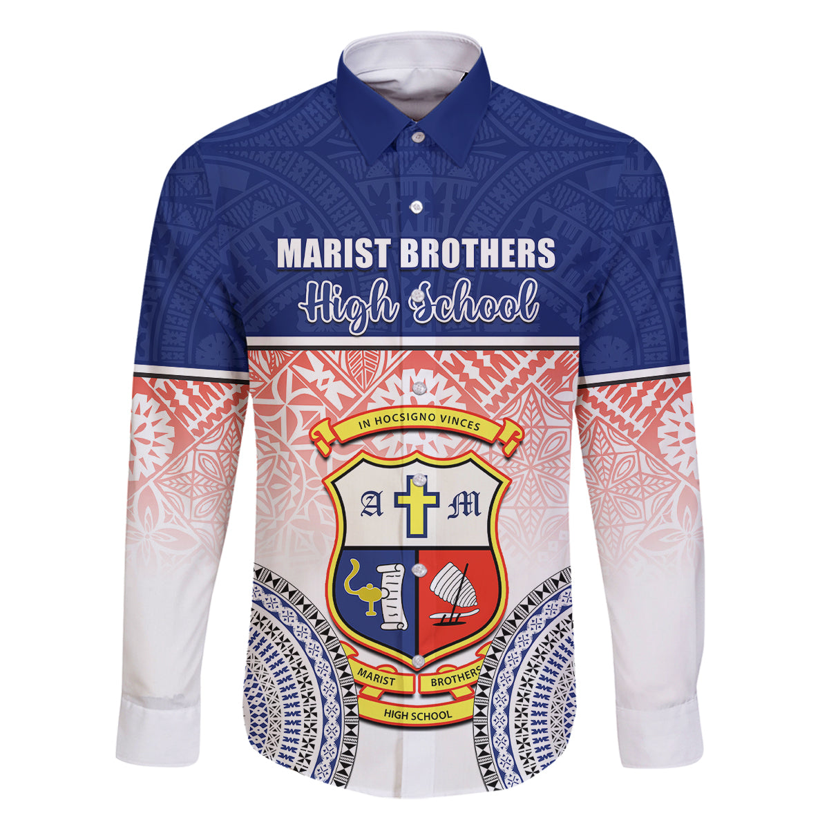 Personalized Marist Brothers High School Family Matching Off Shoulder Maxi Dress and Hawaiian Shirt With Fijian Tapa Pattern LT05 Dad's Shirt - Long Sleeve Blue - Polynesian Pride