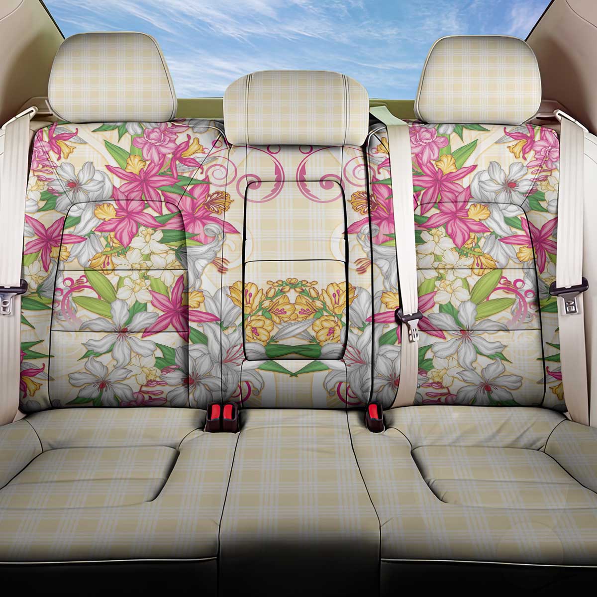 Hawaii Palaka Back Car Seat Cover Yellow Tribal Pattern With Tropical Flowers - Polynesian Pride