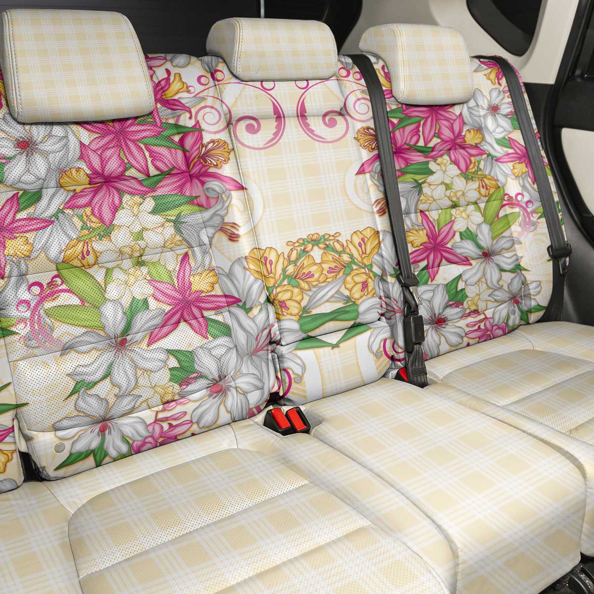 Hawaii Palaka Back Car Seat Cover Yellow Tribal Pattern With Tropical Flowers - Polynesian Pride