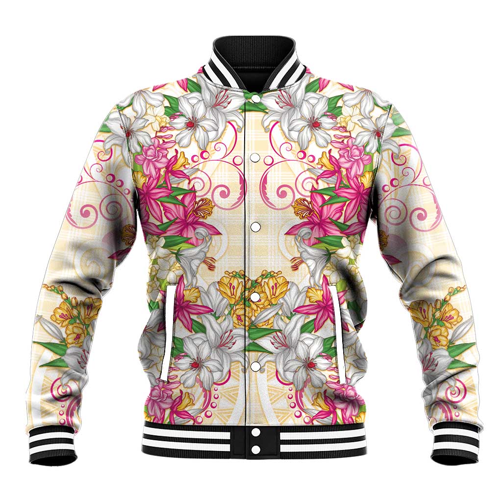 Hawaii Palaka Baseball Jacket Yellow Tribal Pattern With Tropical Flowers LT05 Unisex Yellow - Polynesian Pride