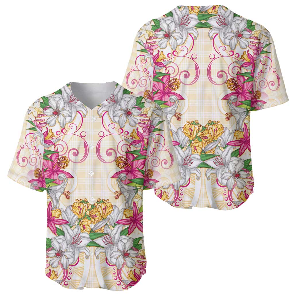 Hawaii Palaka Baseball Jersey Yellow Tribal Pattern With Tropical Flowers LT05 - Polynesian Pride