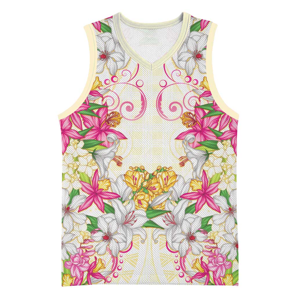 Hawaii Palaka Basketball Jersey Yellow Tribal Pattern With Tropical Flowers - Polynesian Pride