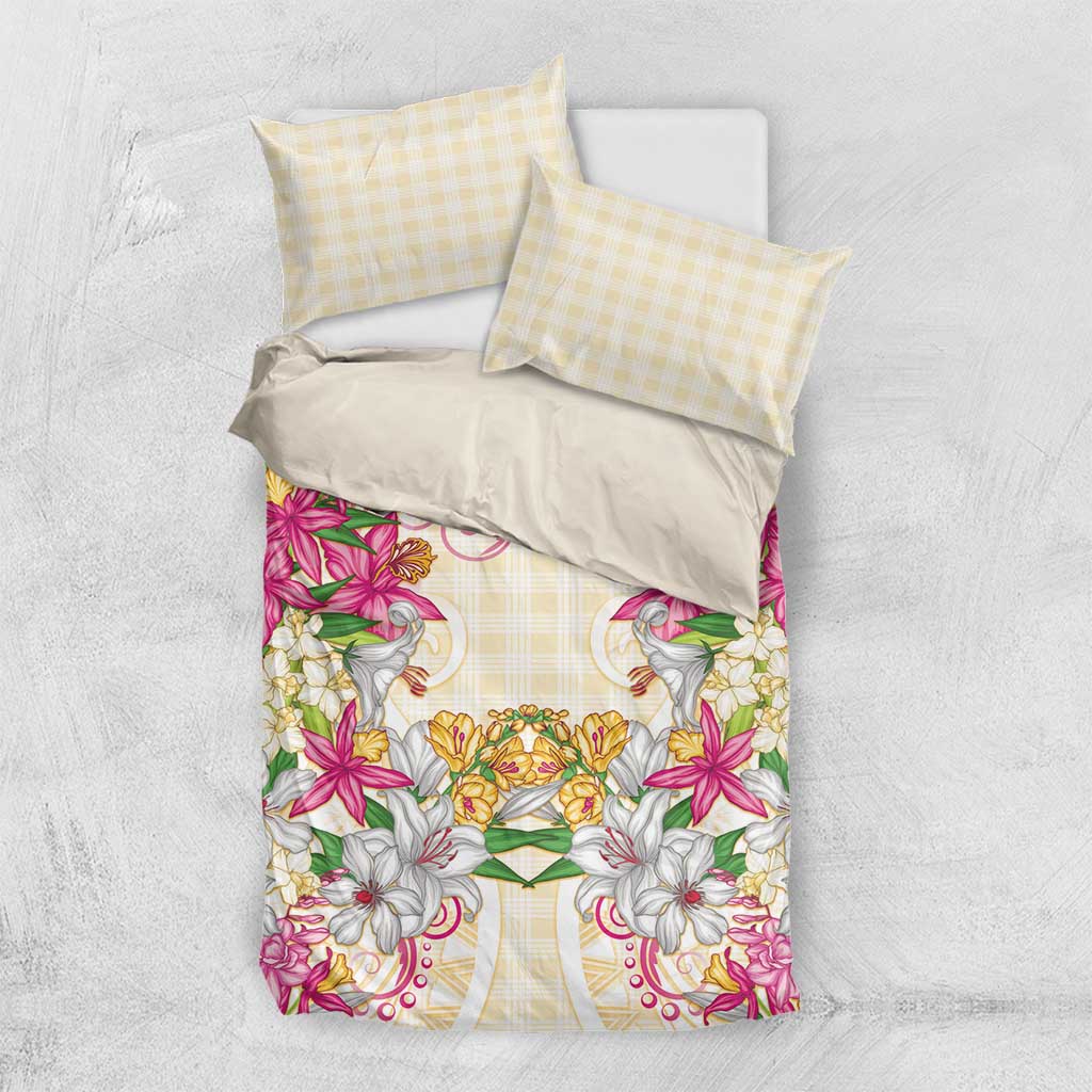 Hawaii Palaka Bedding Set Yellow Tribal Pattern With Tropical Flowers - Polynesian Pride