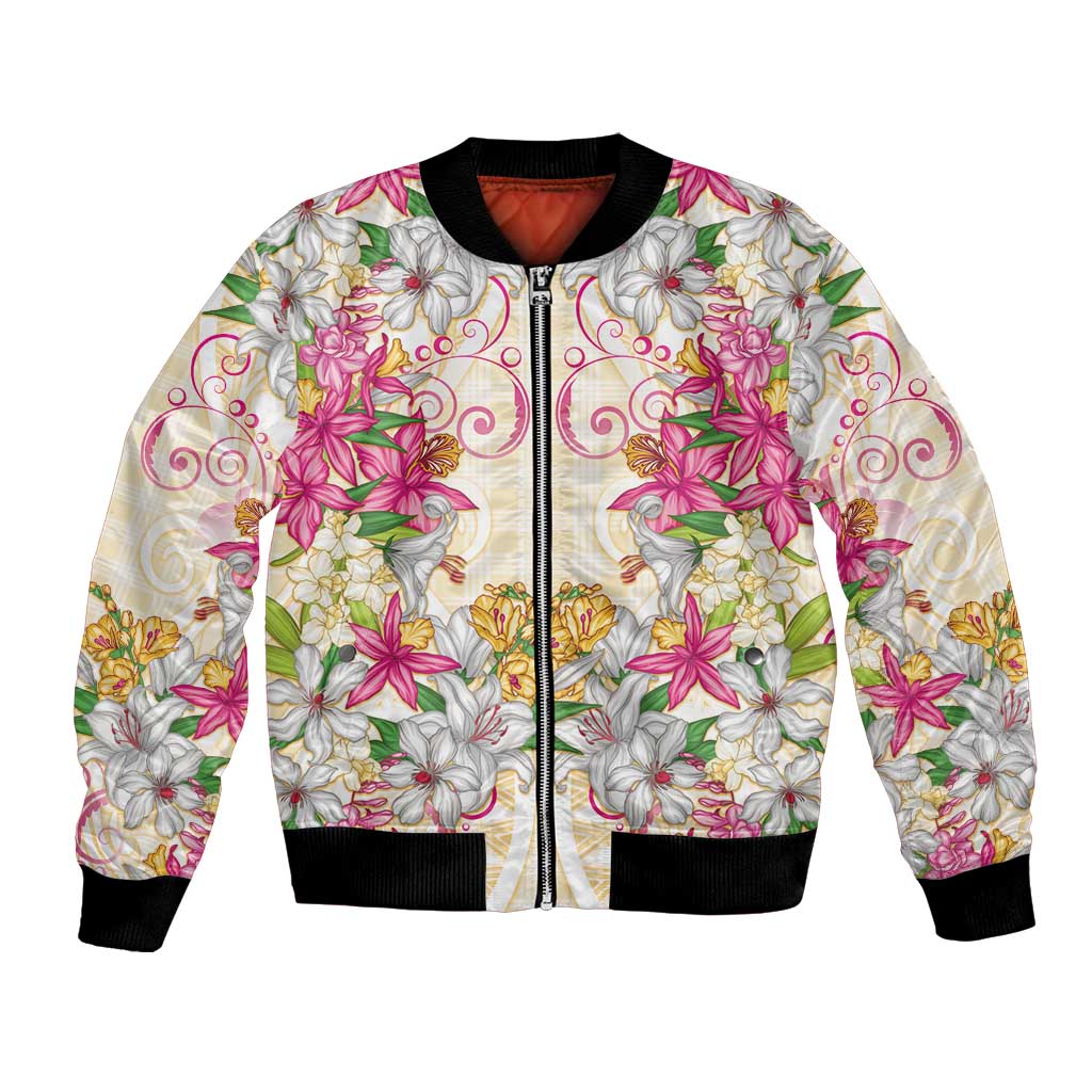 Hawaii Palaka Bomber Jacket Yellow Tribal Pattern With Tropical Flowers LT05 Unisex Yellow - Polynesian Pride