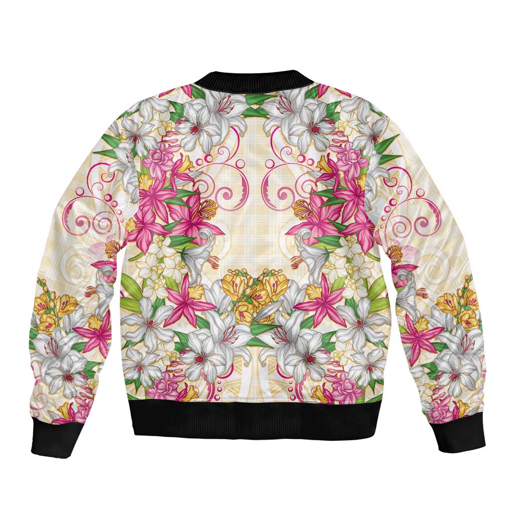 Hawaii Palaka Bomber Jacket Yellow Tribal Pattern With Tropical Flowers LT05 - Polynesian Pride