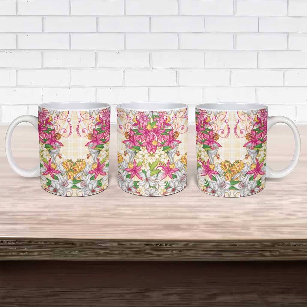 Hawaii Palaka Ceramic Mug Yellow Tribal Pattern With Tropical Flowers - Polynesian Pride