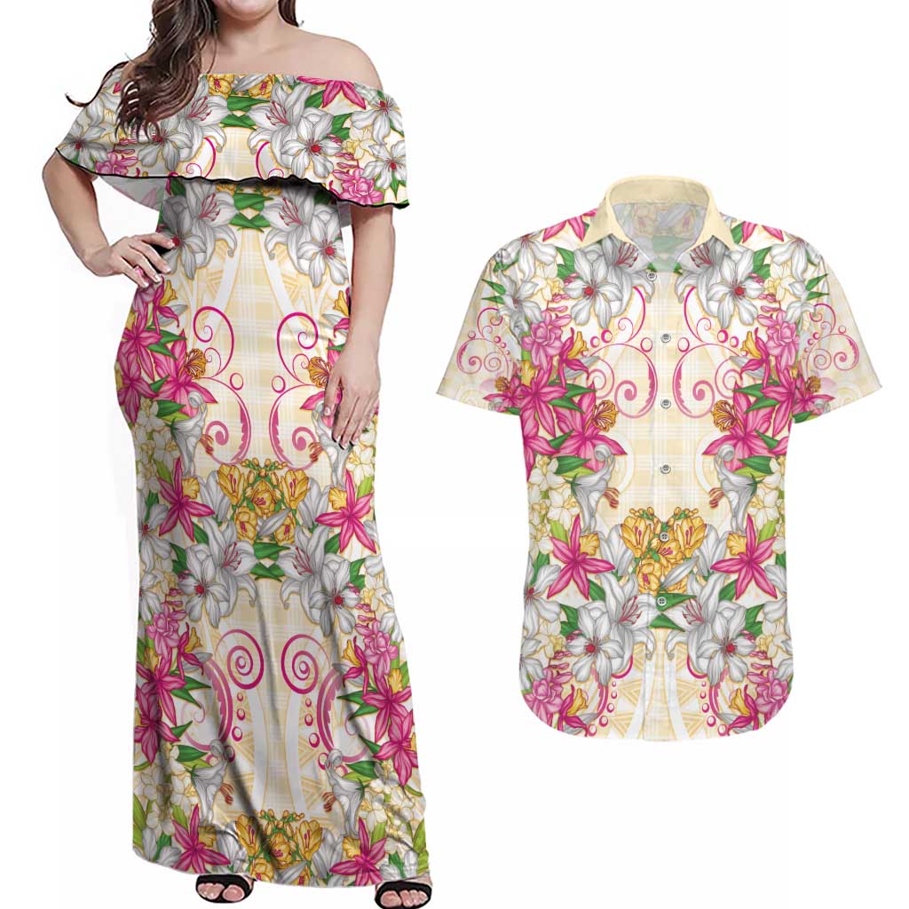 Hawaii Palaka Couples Matching Off Shoulder Maxi Dress and Hawaiian Shirt Yellow Tribal Pattern With Tropical Flowers LT05 Yellow - Polynesian Pride