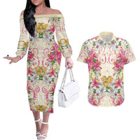 Hawaii Palaka Couples Matching Off The Shoulder Long Sleeve Dress and Hawaiian Shirt Yellow Tribal Pattern With Tropical Flowers - Polynesian Pride