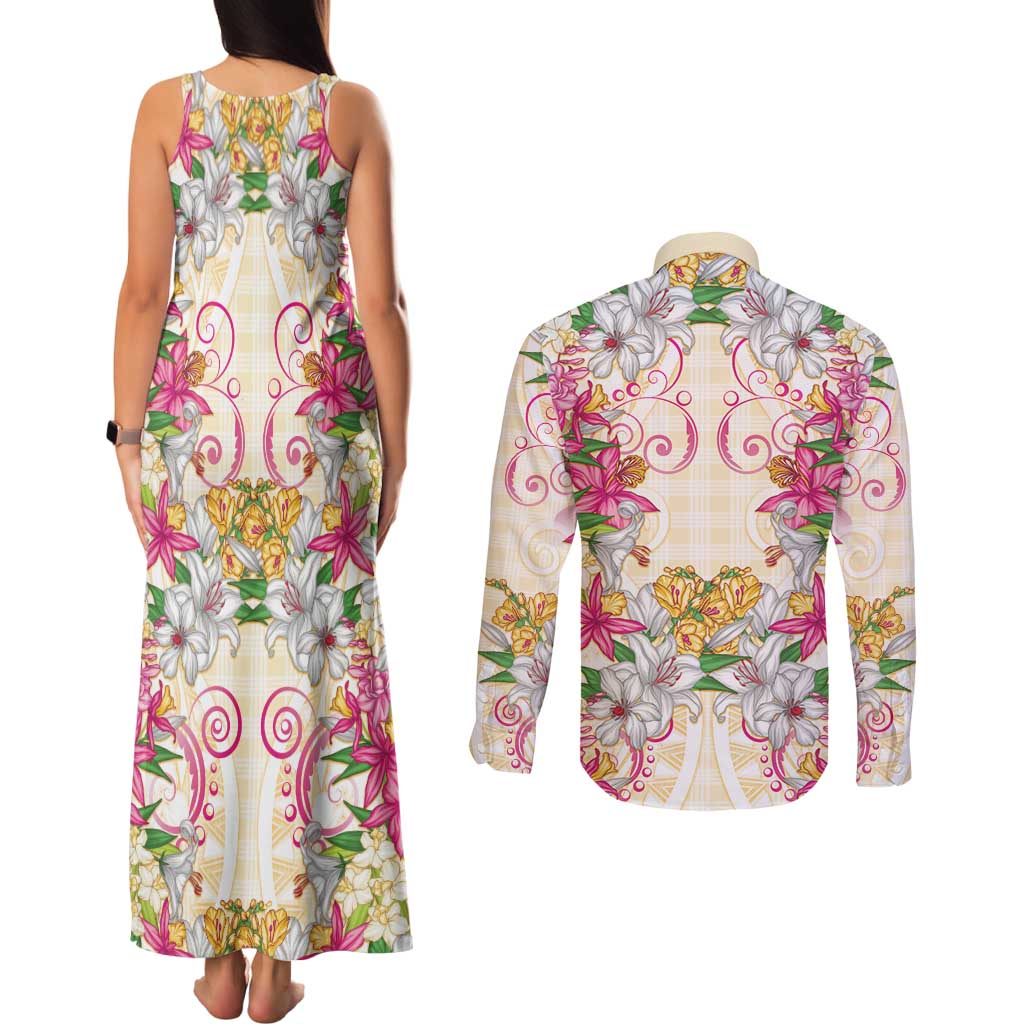 Hawaii Palaka Couples Matching Tank Maxi Dress and Long Sleeve Button Shirt Yellow Tribal Pattern With Tropical Flowers - Polynesian Pride
