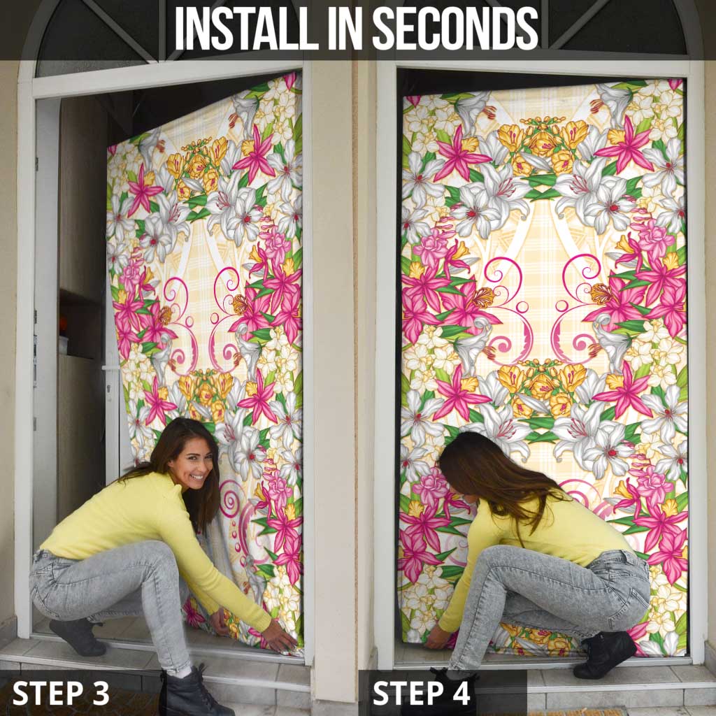 Hawaii Palaka Door Cover Yellow Tribal Pattern With Tropical Flowers - Polynesian Pride