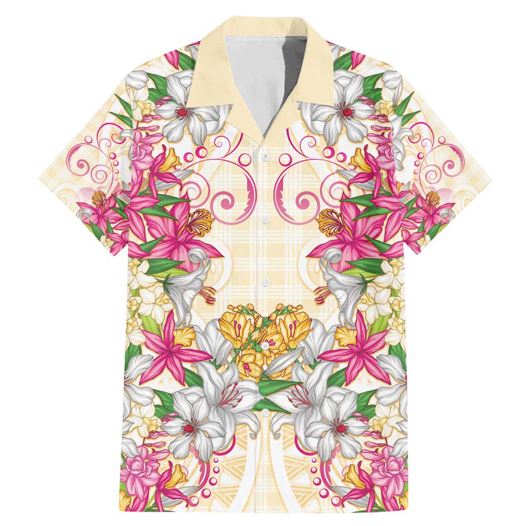 Hawaii Palaka Family Matching Mermaid Dress and Hawaiian Shirt Yellow Tribal Pattern With Tropical Flowers - Polynesian Pride