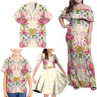 Hawaii Palaka Family Matching Off Shoulder Maxi Dress and Hawaiian Shirt Yellow Tribal Pattern With Tropical Flowers - Polynesian Pride