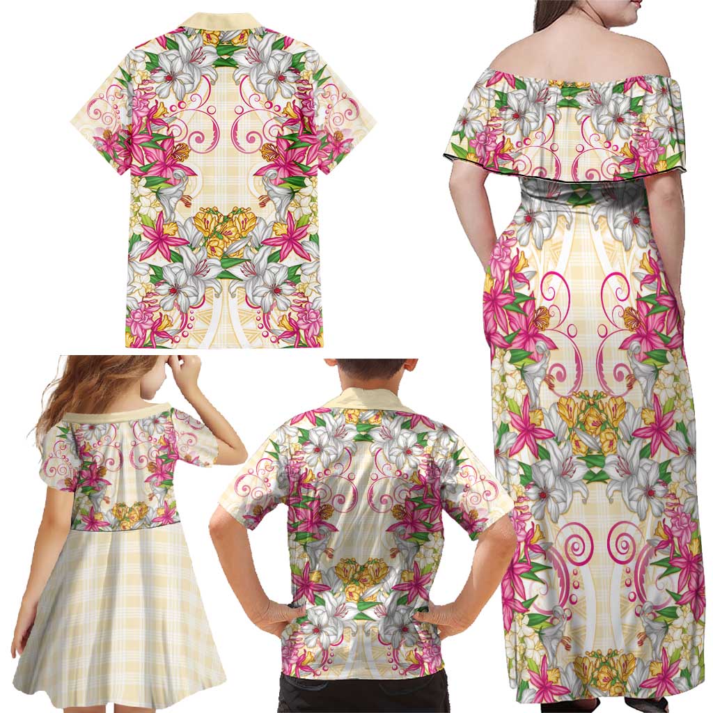 Hawaii Palaka Family Matching Off Shoulder Maxi Dress and Hawaiian Shirt Yellow Tribal Pattern With Tropical Flowers - Polynesian Pride