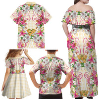 Hawaii Palaka Family Matching Off Shoulder Maxi Dress and Hawaiian Shirt Yellow Tribal Pattern With Tropical Flowers - Polynesian Pride