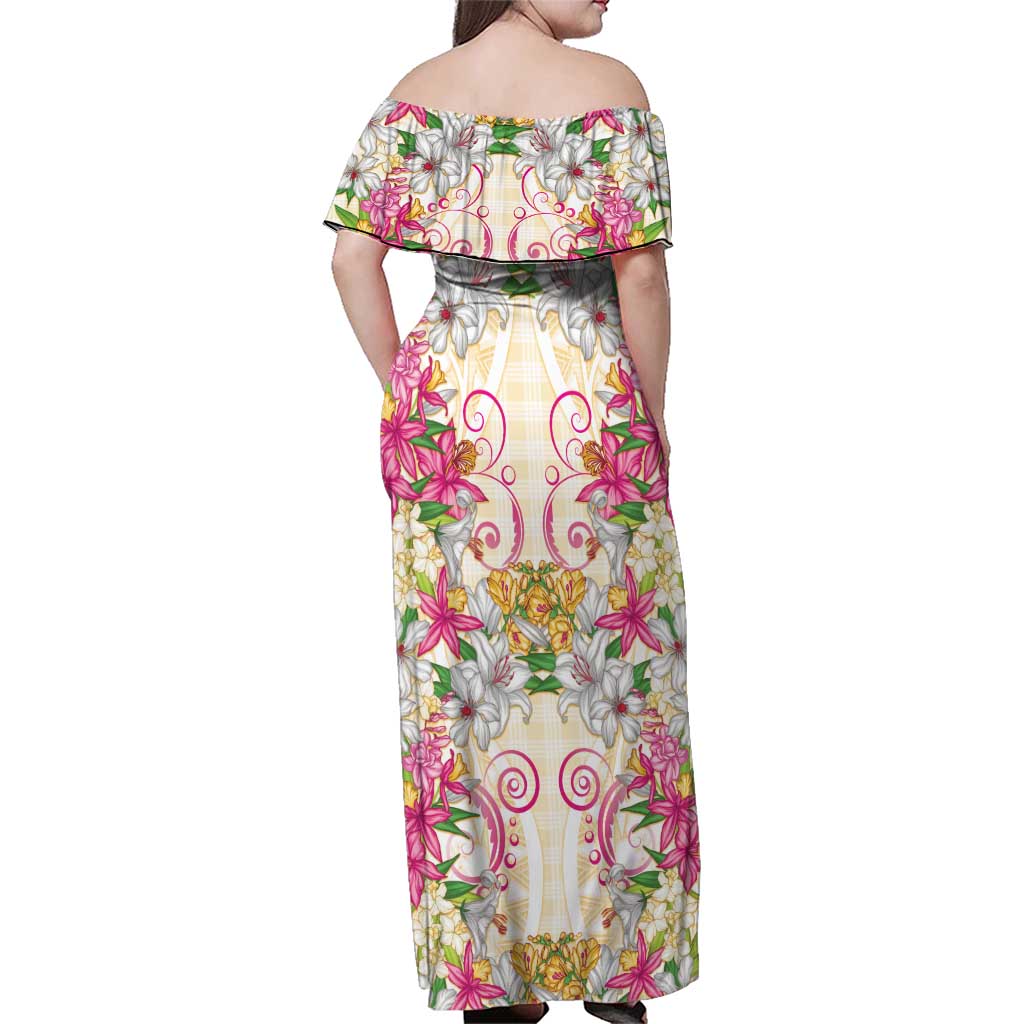 Hawaii Palaka Family Matching Off Shoulder Maxi Dress and Hawaiian Shirt Yellow Tribal Pattern With Tropical Flowers - Polynesian Pride