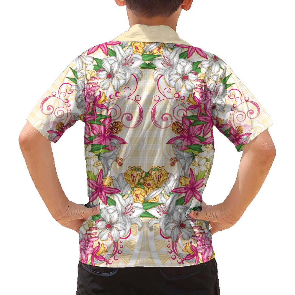 Hawaii Palaka Family Matching Puletasi and Hawaiian Shirt Yellow Tribal Pattern With Tropical Flowers LT05 - Polynesian Pride