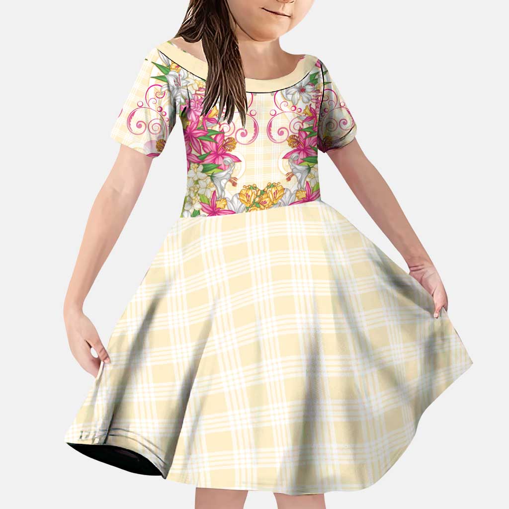 Hawaii Palaka Family Matching Puletasi and Hawaiian Shirt Yellow Tribal Pattern With Tropical Flowers LT05 Daughter's Dress Yellow - Polynesian Pride