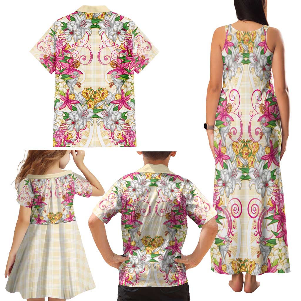 Hawaii Palaka Family Matching Tank Maxi Dress and Hawaiian Shirt Yellow Tribal Pattern With Tropical Flowers - Polynesian Pride