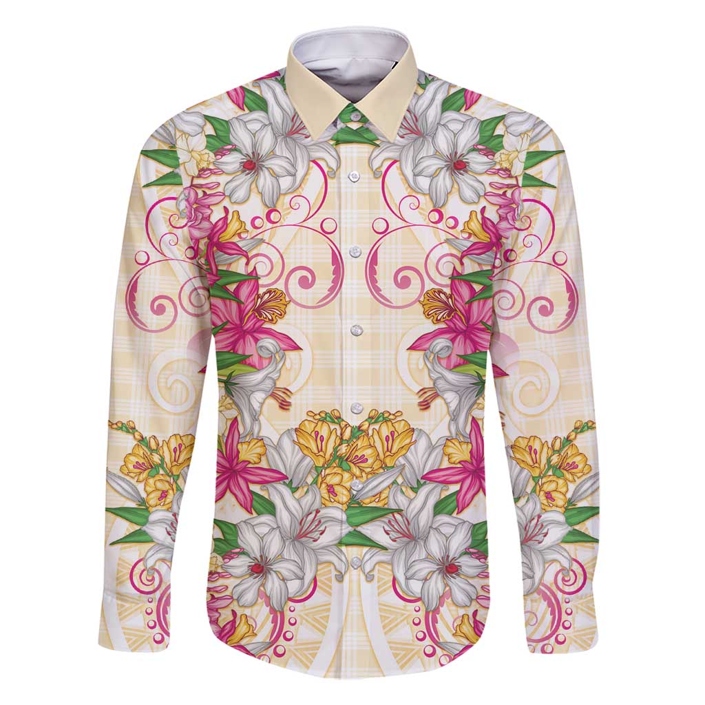 Hawaii Palaka Family Matching Tank Maxi Dress and Hawaiian Shirt Yellow Tribal Pattern With Tropical Flowers - Polynesian Pride