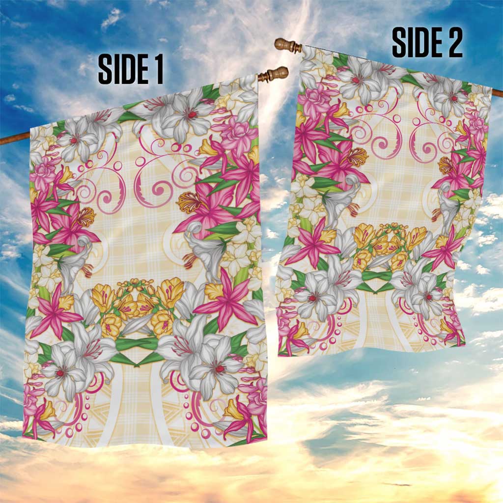 Hawaii Palaka Garden Flag Yellow Tribal Pattern With Tropical Flowers - Polynesian Pride