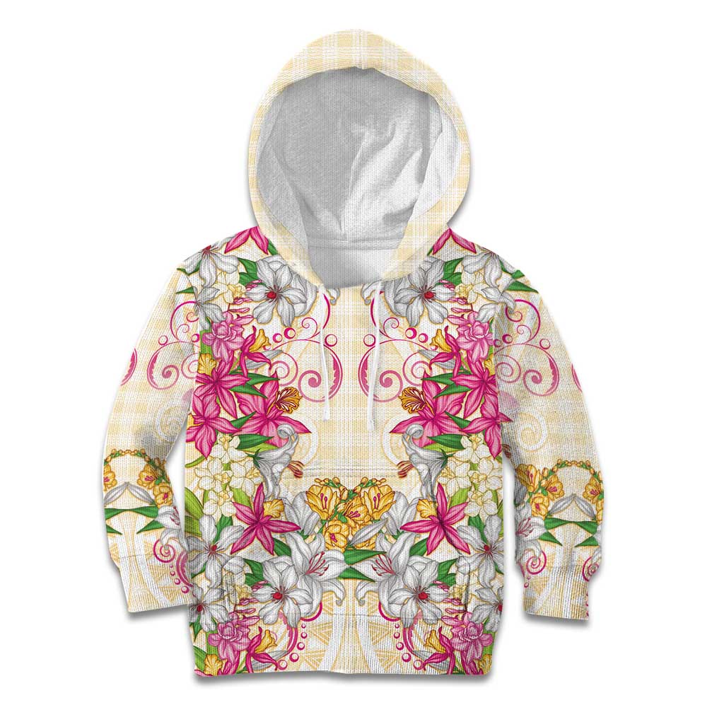Hawaii Palaka Kid Hoodie Yellow Tribal Pattern With Tropical Flowers - Polynesian Pride