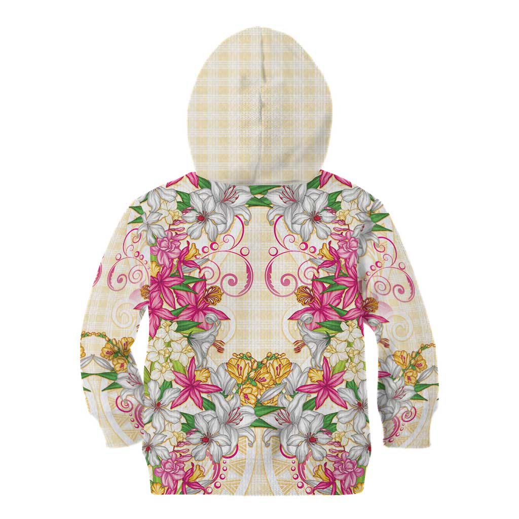 Hawaii Palaka Kid Hoodie Yellow Tribal Pattern With Tropical Flowers - Polynesian Pride