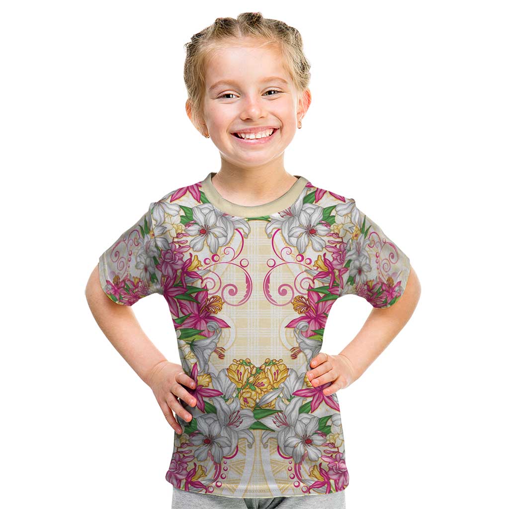 Hawaii Palaka Kid T Shirt Yellow Tribal Pattern With Tropical Flowers - Polynesian Pride