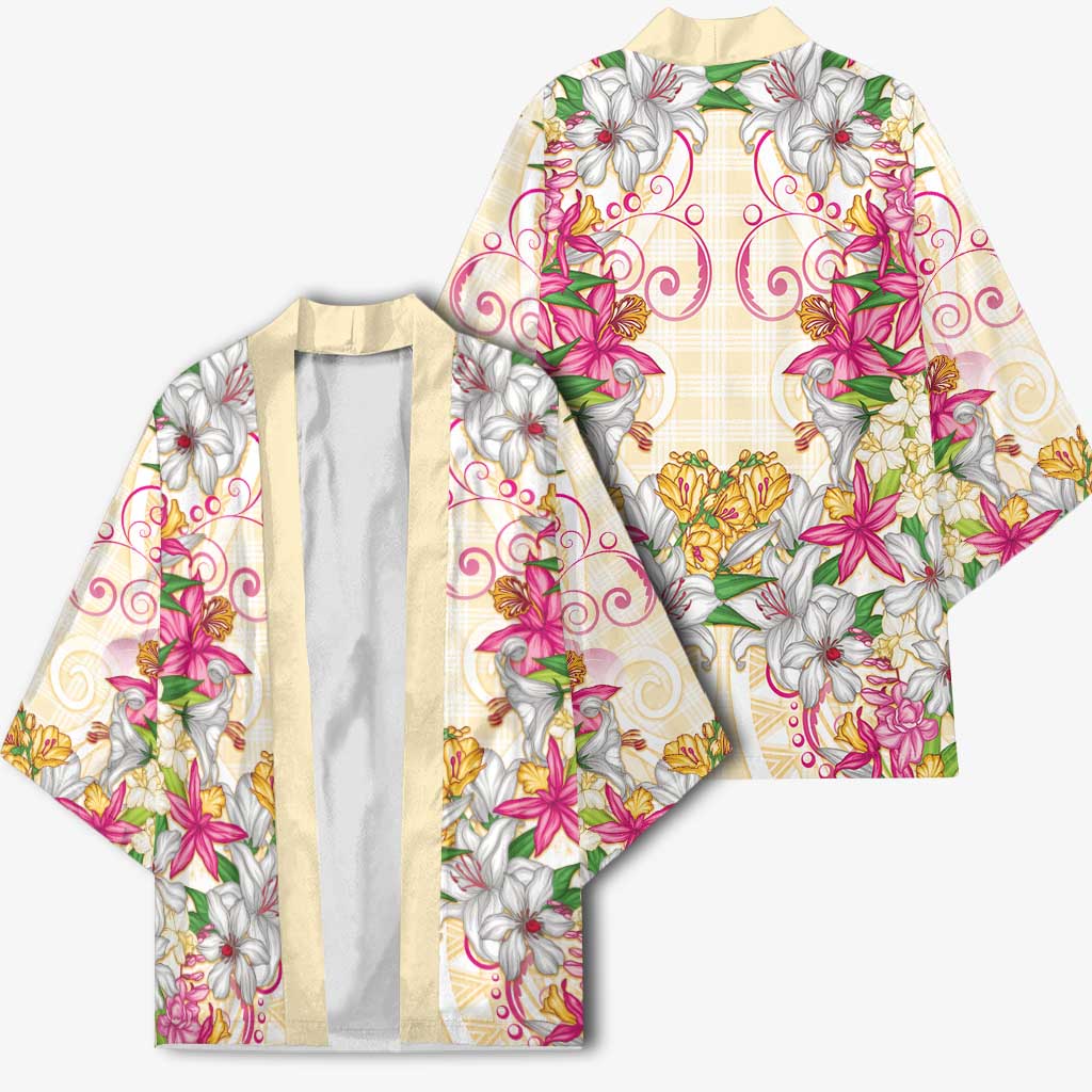 Hawaii Palaka Kimono Yellow Tribal Pattern With Tropical Flowers LT05 - Polynesian Pride