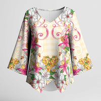 Hawaii Palaka Kimono Sleeve Blouse Yellow Tribal Pattern With Tropical Flowers - Polynesian Pride