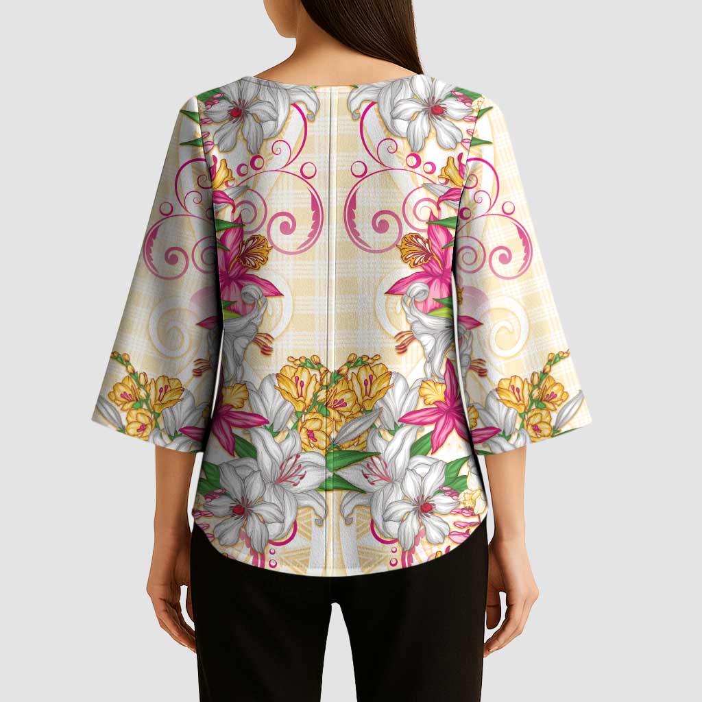 Hawaii Palaka Kimono Sleeve Blouse Yellow Tribal Pattern With Tropical Flowers - Polynesian Pride
