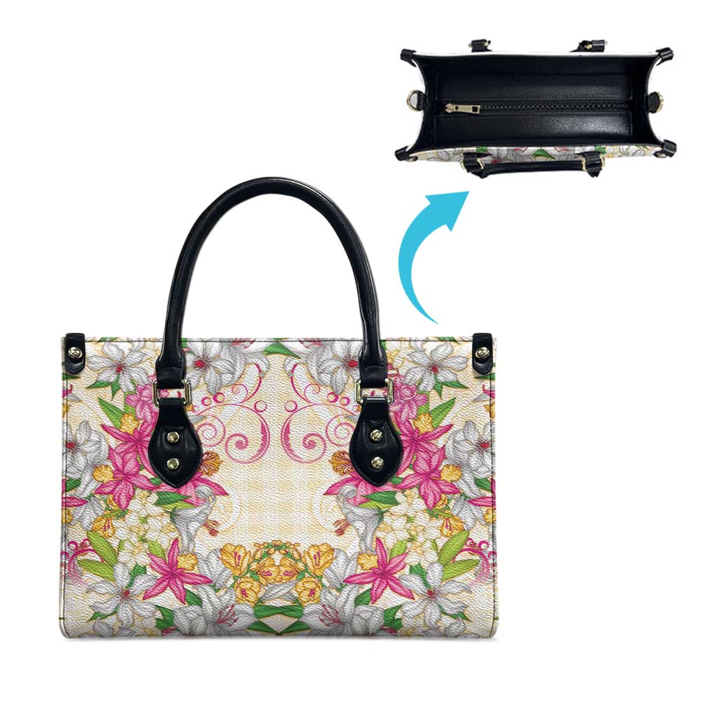 Hawaii Palaka Leather Bag Yellow Tribal Pattern With Tropical Flowers - Polynesian Pride