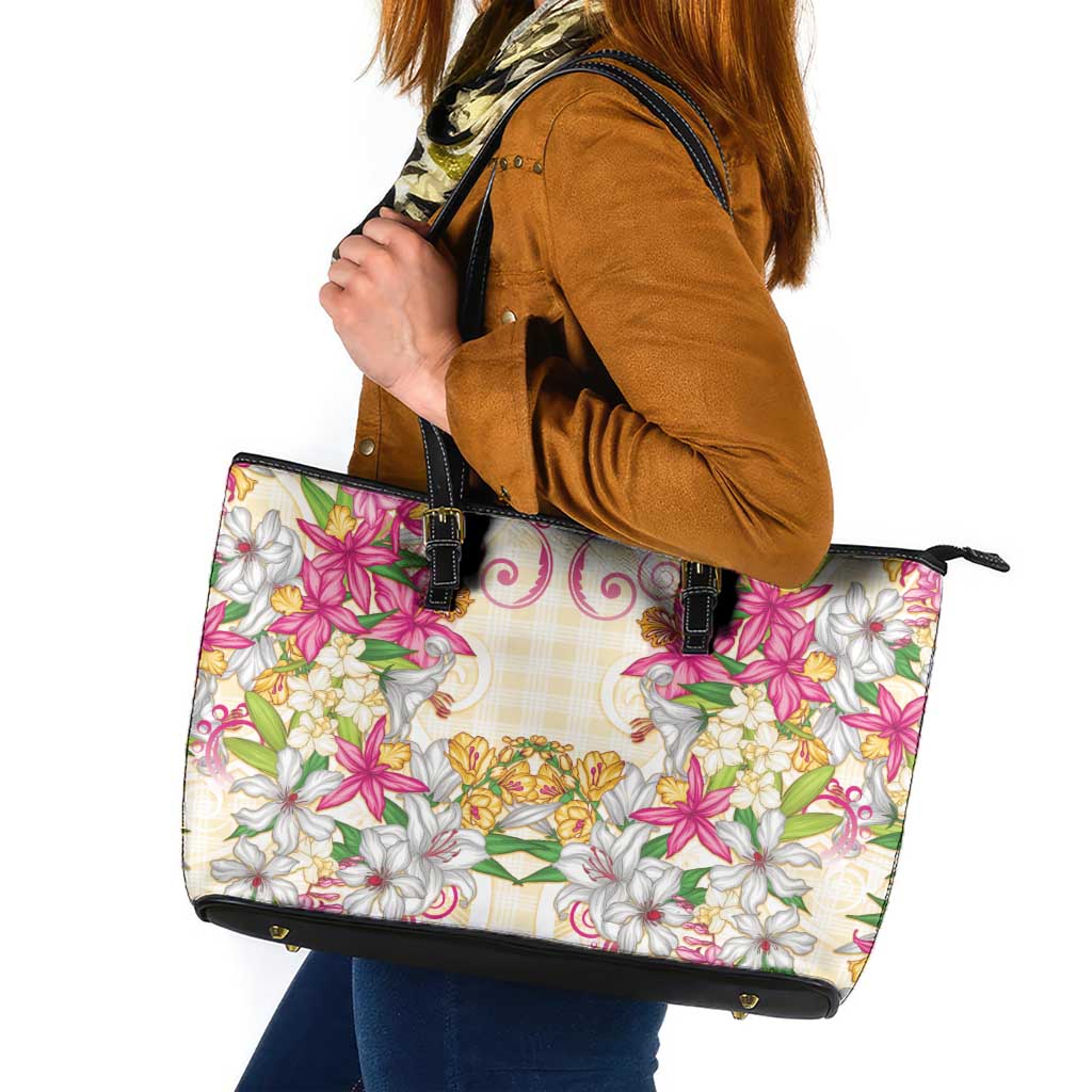 Hawaii Palaka Leather Tote Bag Yellow Tribal Pattern With Tropical Flowers LT05 Yellow - Polynesian Pride