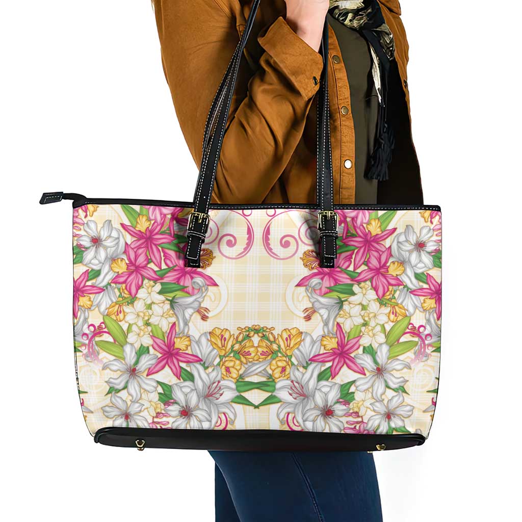 Hawaii Palaka Leather Tote Bag Yellow Tribal Pattern With Tropical Flowers LT05 - Polynesian Pride