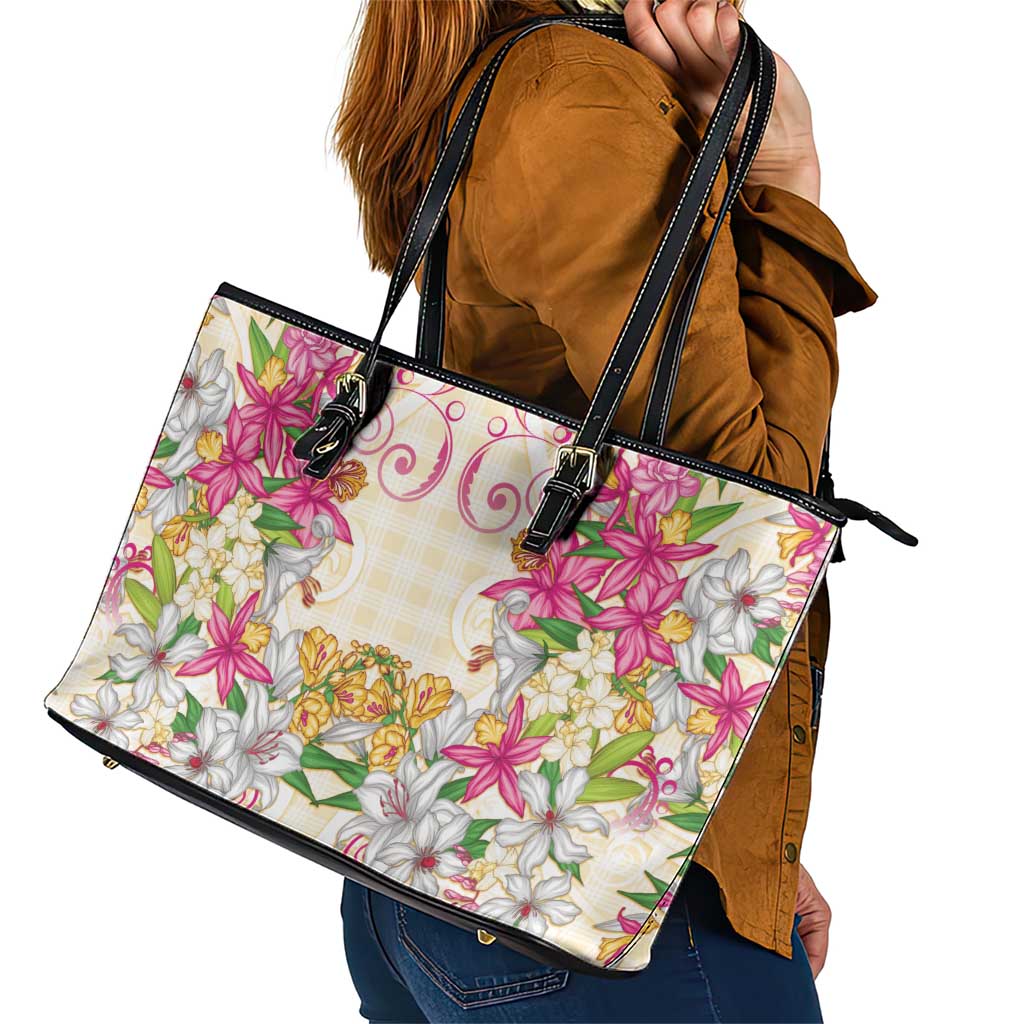 Hawaii Palaka Leather Tote Bag Yellow Tribal Pattern With Tropical Flowers LT05 - Polynesian Pride
