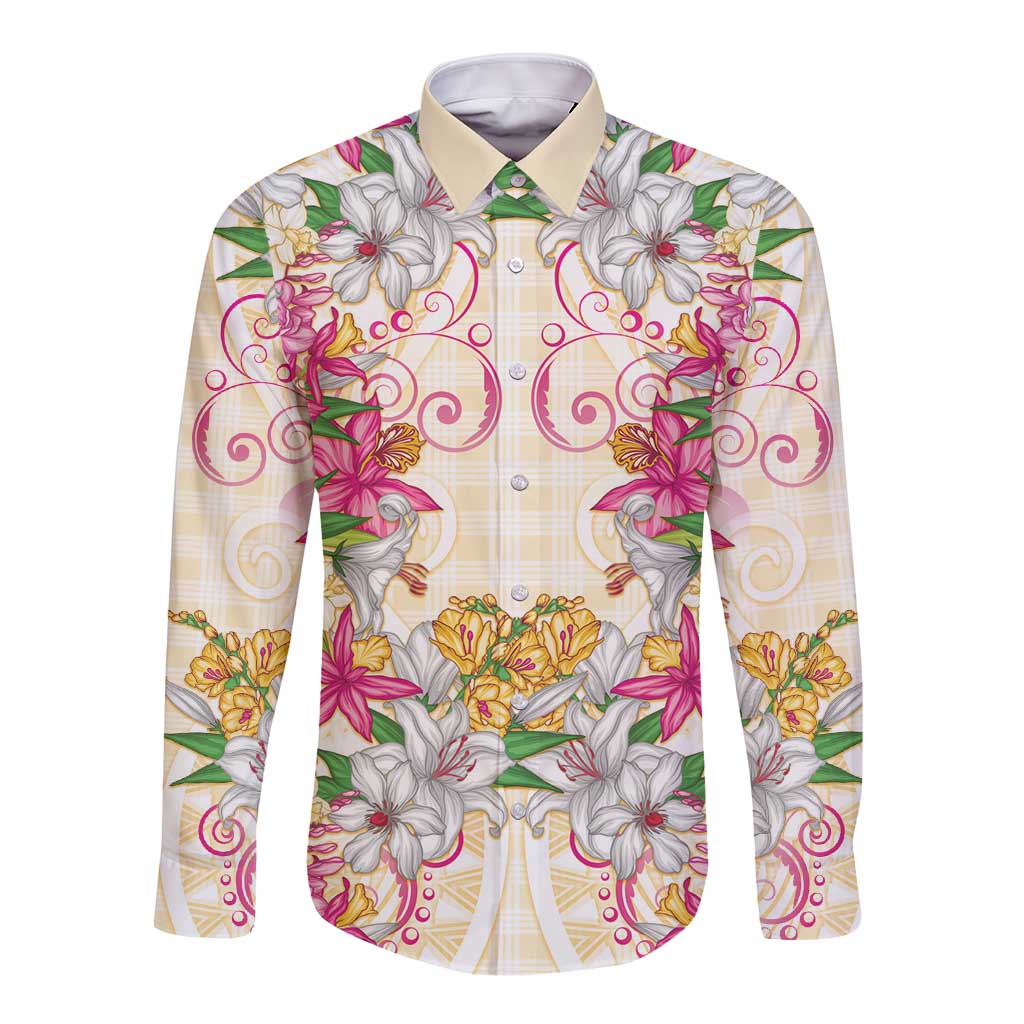 Hawaii Palaka Long Sleeve Button Shirt Yellow Tribal Pattern With Tropical Flowers LT05 Unisex Yellow - Polynesian Pride