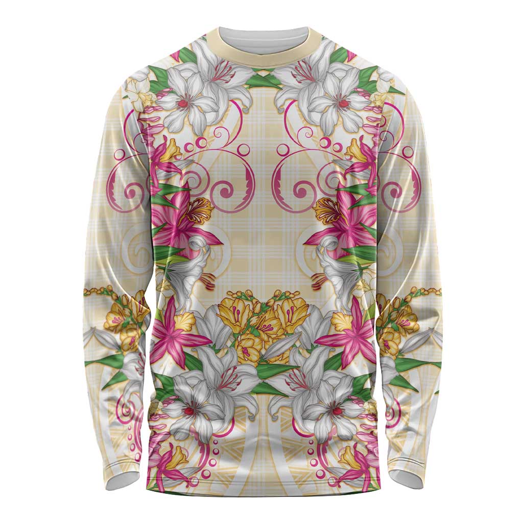 Hawaii Palaka Long Sleeve Shirt Yellow Tribal Pattern With Tropical Flowers LT05 Unisex Yellow - Polynesian Pride
