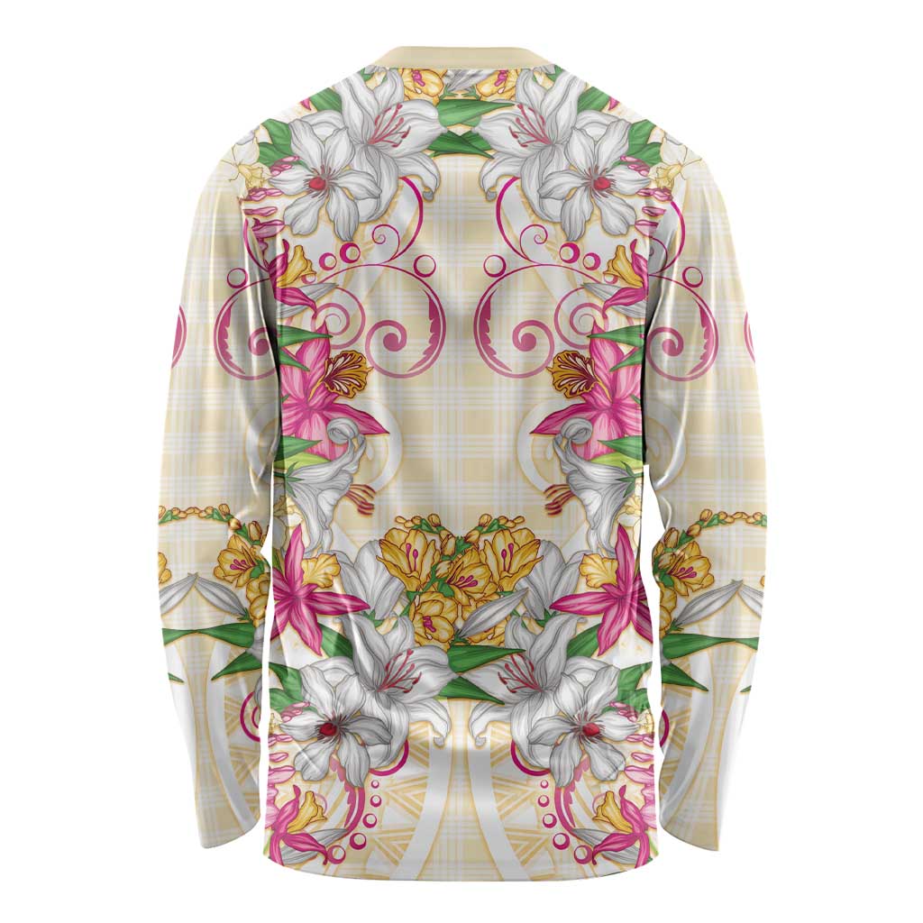 Hawaii Palaka Long Sleeve Shirt Yellow Tribal Pattern With Tropical Flowers LT05 - Polynesian Pride