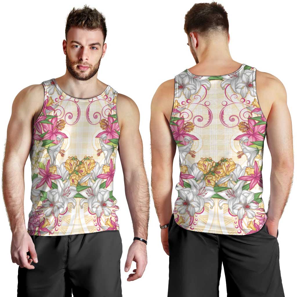 Hawaii Palaka Men Tank Top Yellow Tribal Pattern With Tropical Flowers - Polynesian Pride