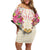 Hawaii Palaka Off Shoulder Short Dress Yellow Tribal Pattern With Tropical Flowers - Polynesian Pride