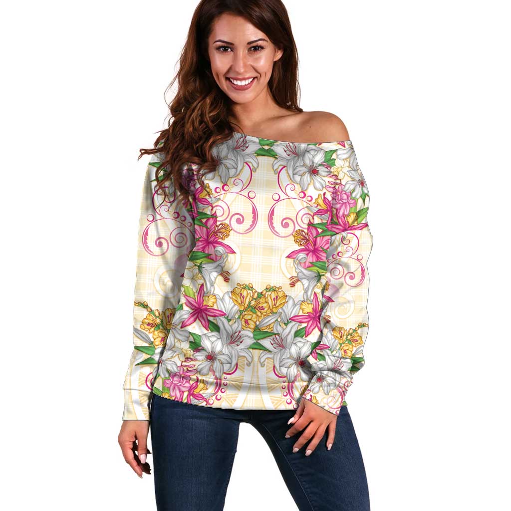 Hawaii Palaka Off Shoulder Sweater Yellow Tribal Pattern With Tropical Flowers LT05 Women Yellow - Polynesian Pride