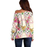 Hawaii Palaka Off Shoulder Sweater Yellow Tribal Pattern With Tropical Flowers LT05 - Polynesian Pride