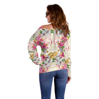 Hawaii Palaka Off Shoulder Sweater Yellow Tribal Pattern With Tropical Flowers LT05 - Polynesian Pride