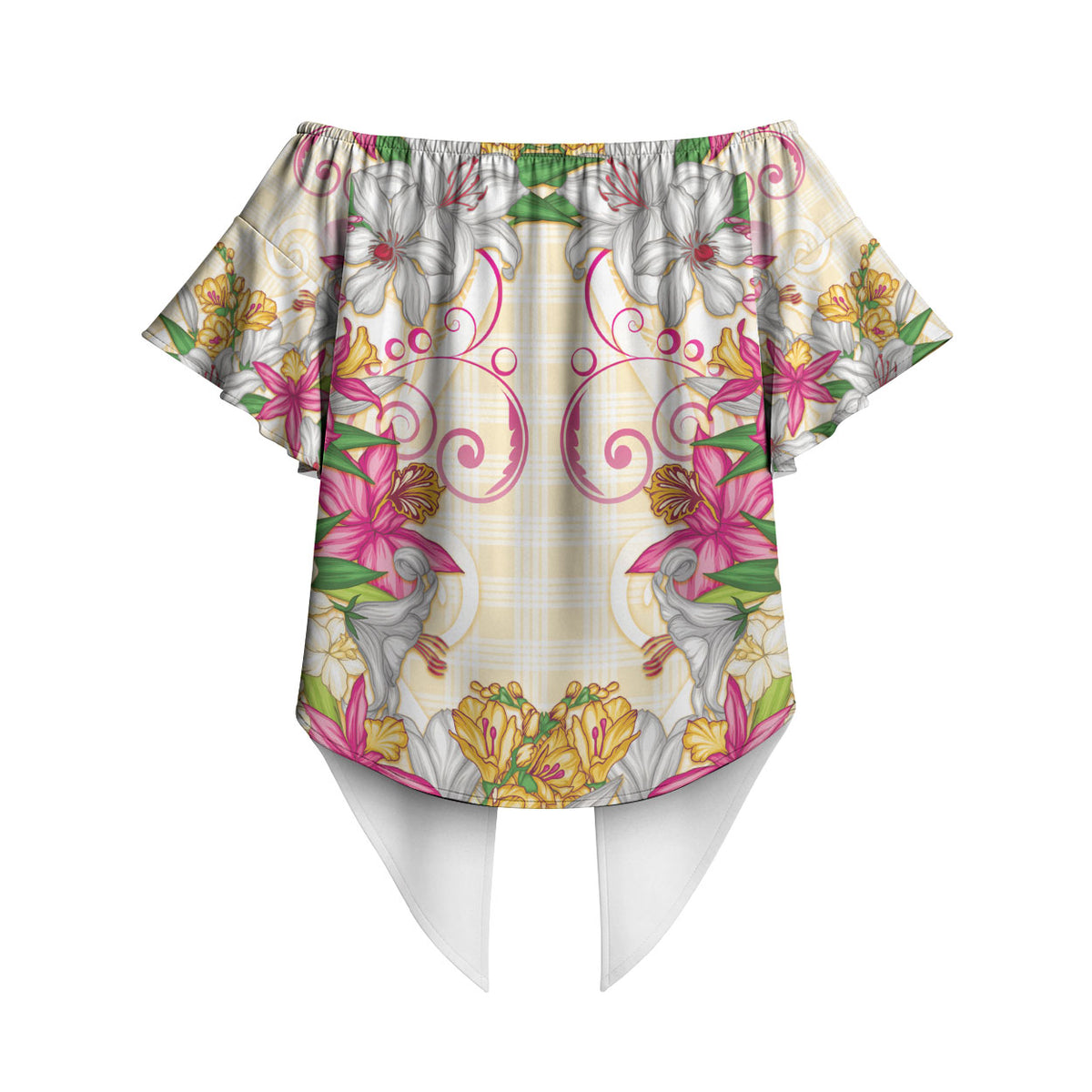 Hawaii Palaka Off Shoulder Wrap Waist Top Yellow Tribal Pattern With Tropical Flowers LT05 - Polynesian Pride